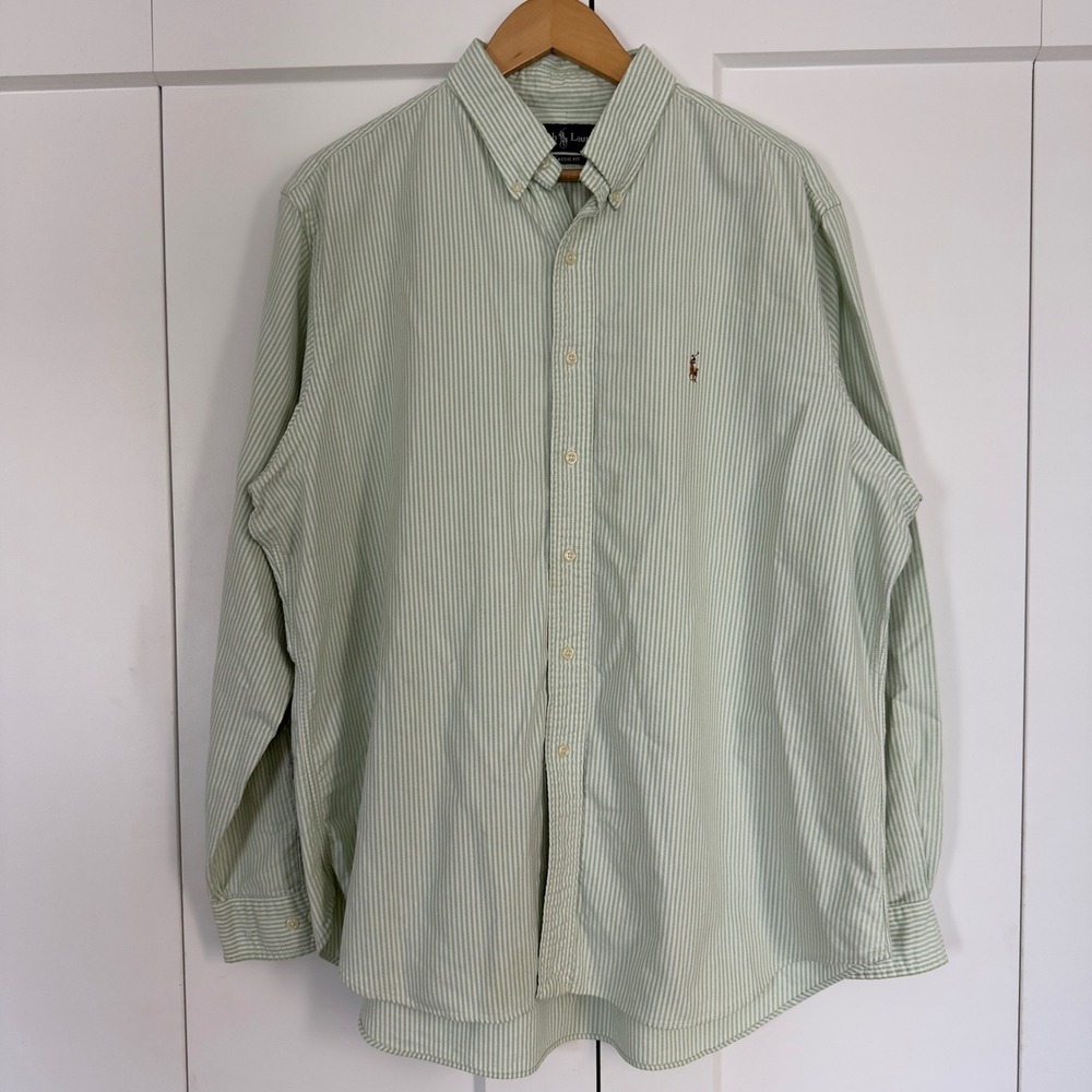 Mens 17.5 Ralph Lauren Button Down Shirt Green Striped Classic Fit Cotton
